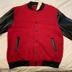 Red/black leather bomber jacket
